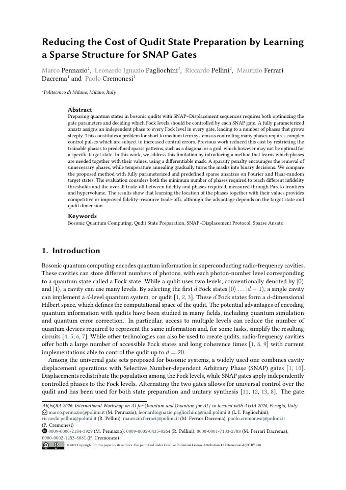 First page of Reducing the Cost of Qudit State Preparation by Learning a Sparse Structure for SNAP Gates
