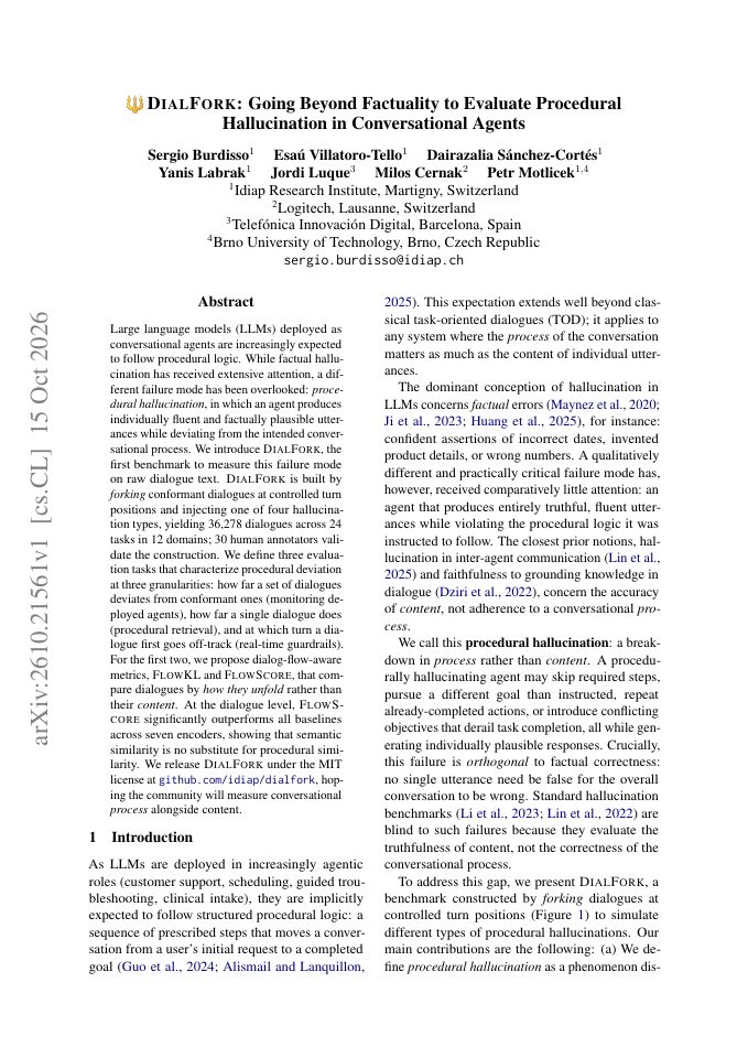 First page of DialFork: Going Beyond Factuality to Evaluate Procedural Hallucination in Conversational Agents