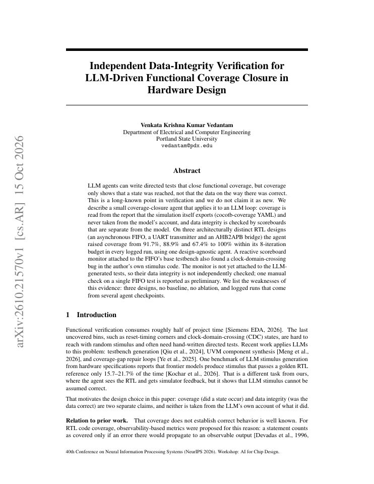 First page of Independent Data-Integrity Verification for LLM-Driven Functional Coverage Closure in Hardware Design