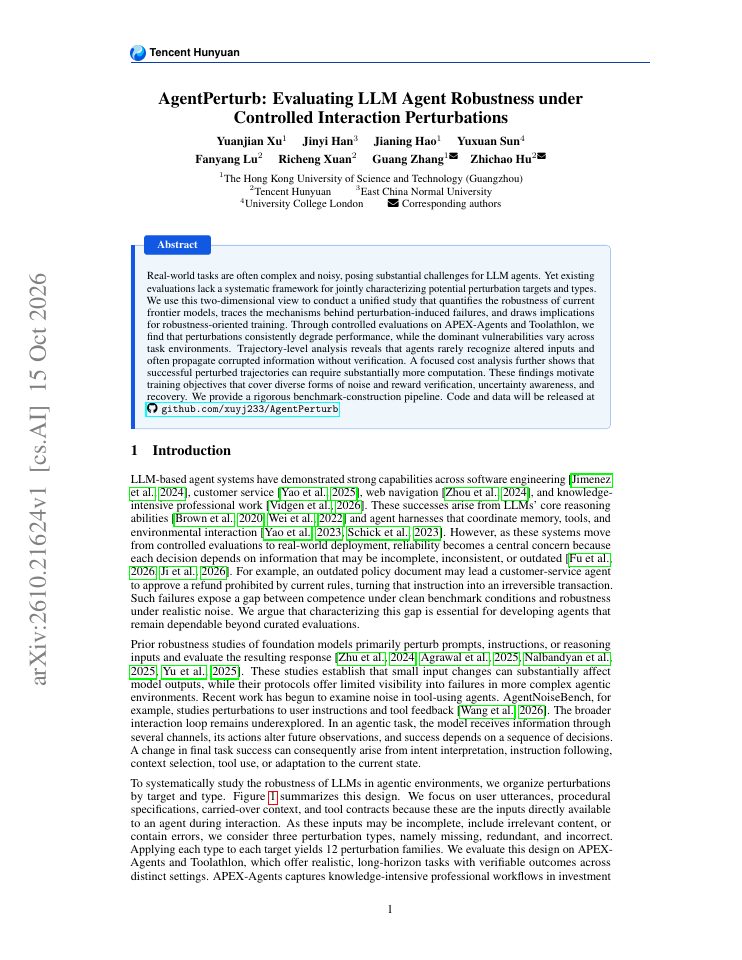 First page of AgentPerturb: Evaluating LLM Agent Robustness under Controlled Interaction Perturbations