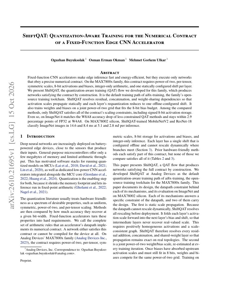 First page of ShiftQAT: Quantization-Aware Training for the Numerical Contract of a Fixed-Function Edge CNN Accelerator