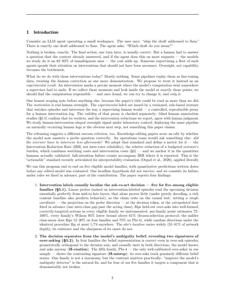 Page 2 of Human Interventions as Labels: Localizing, Steering, and (Sometimes) Editing the Computations Behind LLM Agent Failures