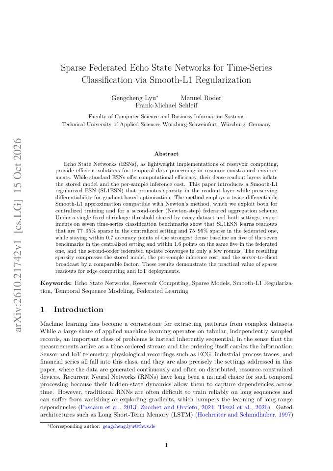 First page of Sparse Federated Echo State Networks for Time-Series Classification via Smooth-L1 Regularization