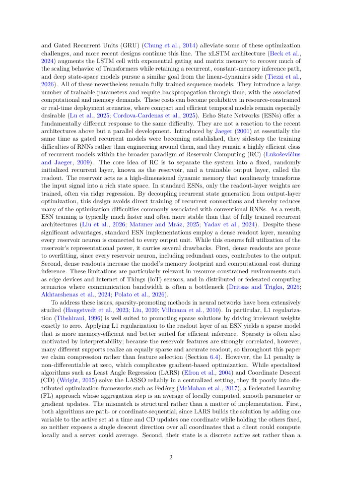 Page 2 of Sparse Federated Echo State Networks for Time-Series Classification via Smooth-L1 Regularization