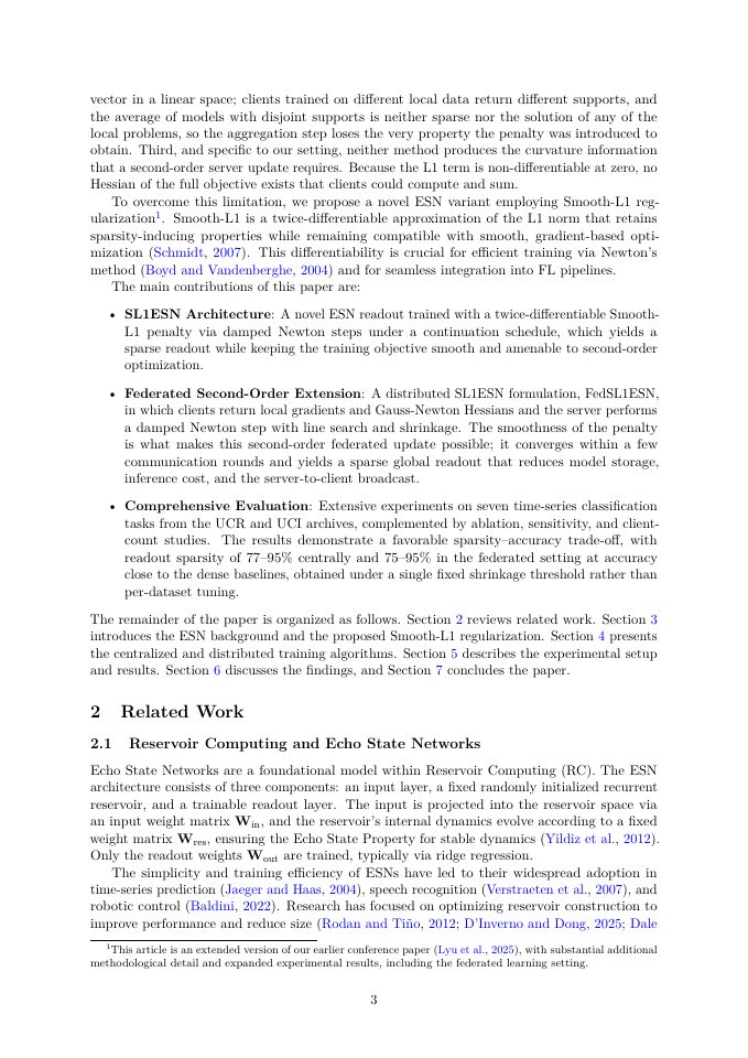 Page 3 of Sparse Federated Echo State Networks for Time-Series Classification via Smooth-L1 Regularization