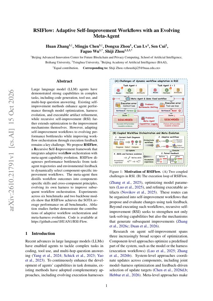 First page of RSIFlow: Adaptive Self-Improvement Workflows with an Evolving Meta-Agent