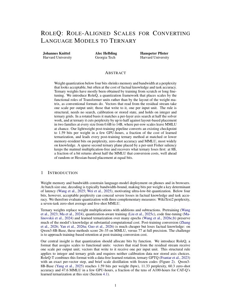 First page of RoleQ: Role-Aligned Scales for Converting Language Models to Ternary
