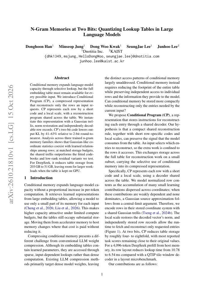 First page of N-Gram Memories at Two Bits: Quantizing Lookup Tables in Large Language Models