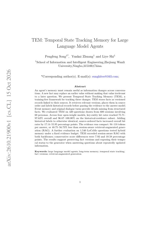 First page of TEM: Temporal State Tracking Memory for Large Language Model Agents
