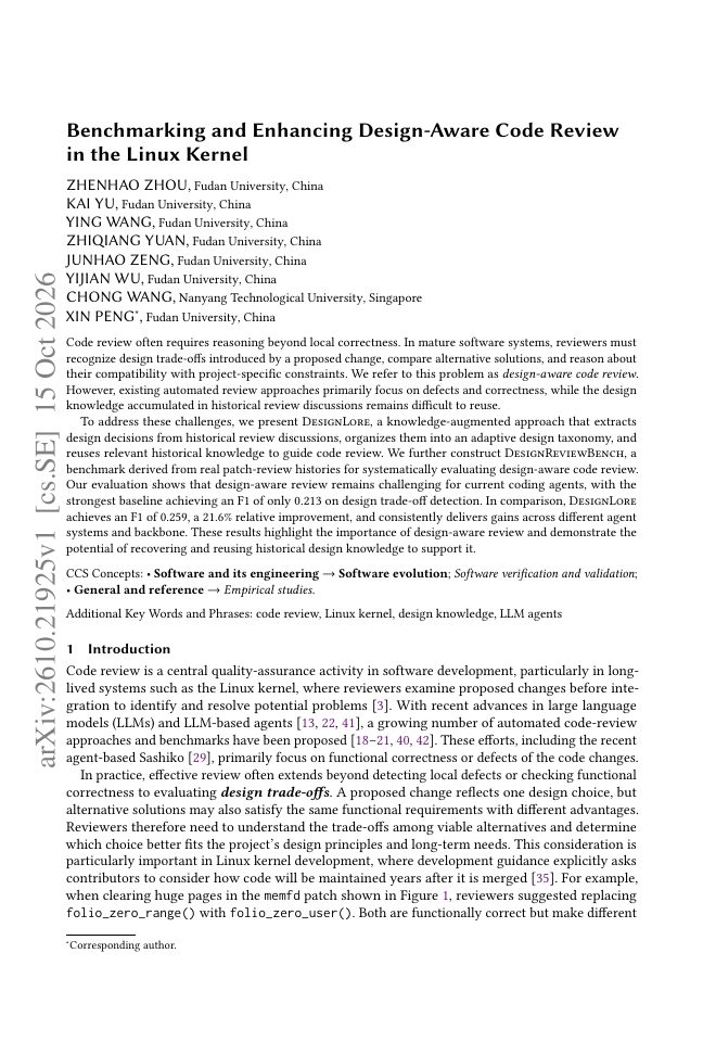 First page of Benchmarking and Enhancing Design-Aware Code Review in the Linux Kernel