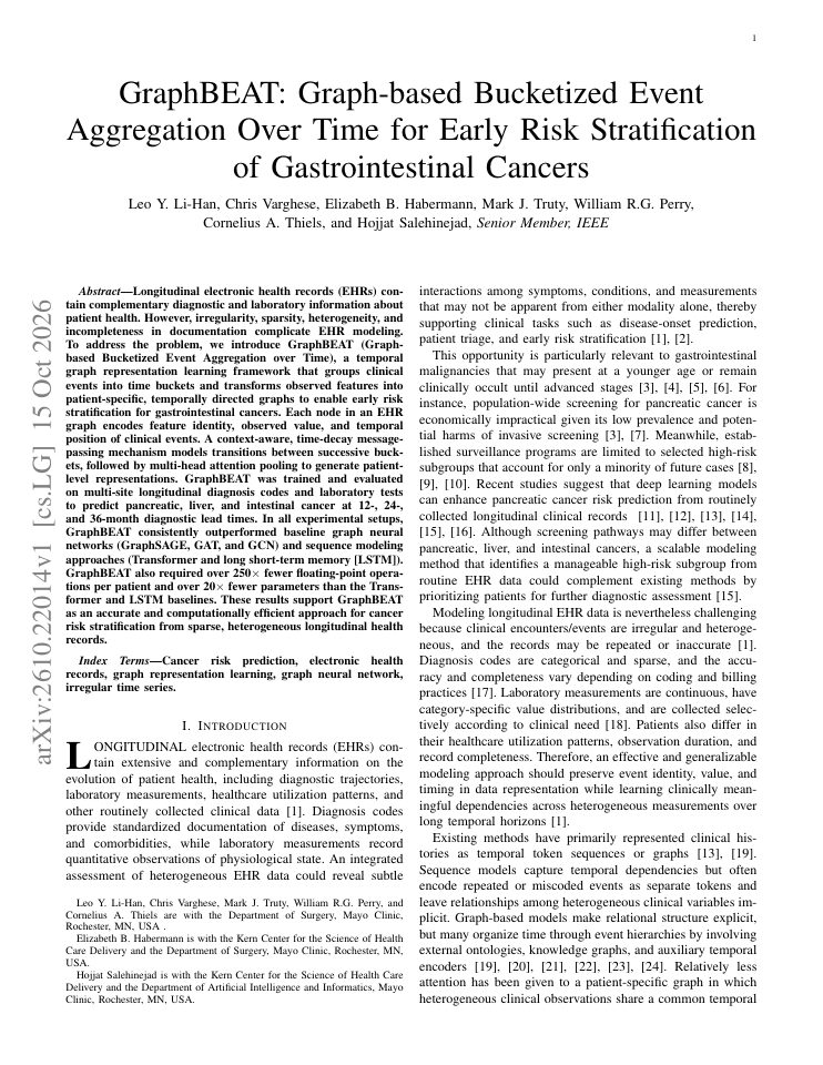 First page of GraphBEAT: Graph-based Bucketized Event Aggregation Over Time for Early Risk Stratification of Gastrointestinal Cancers