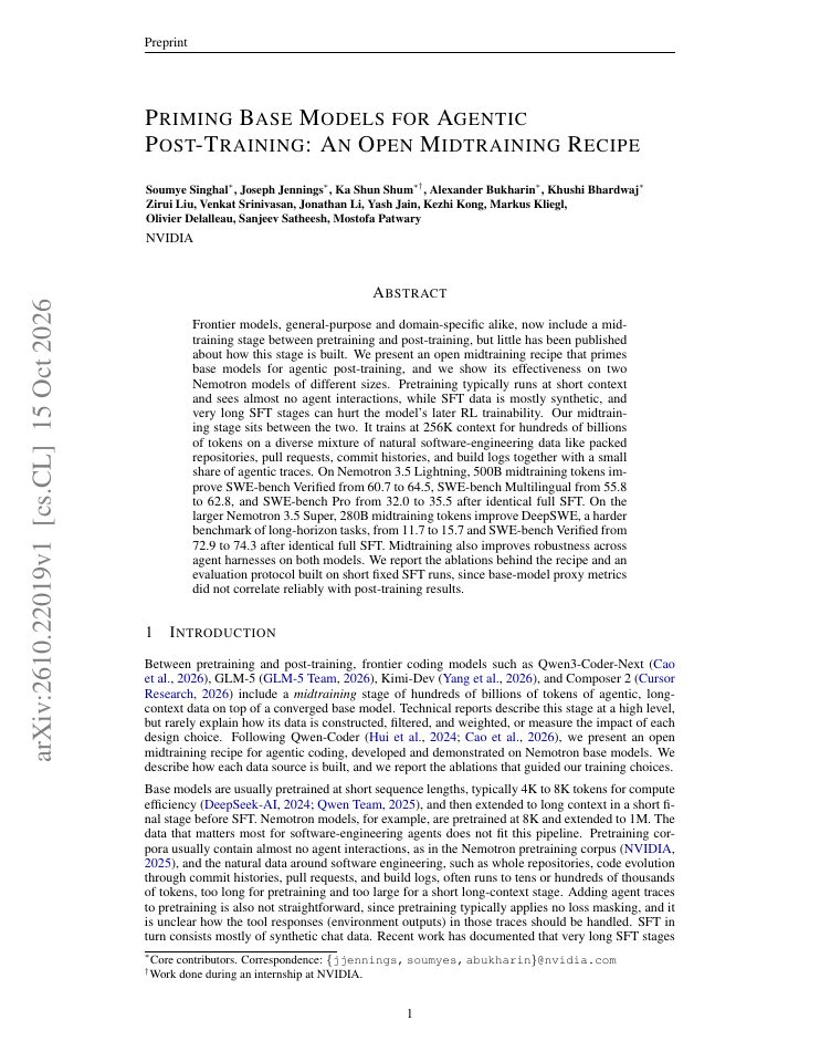 First page of Priming Base Models for Agentic Post-Training: An Open Midtraining Recipe