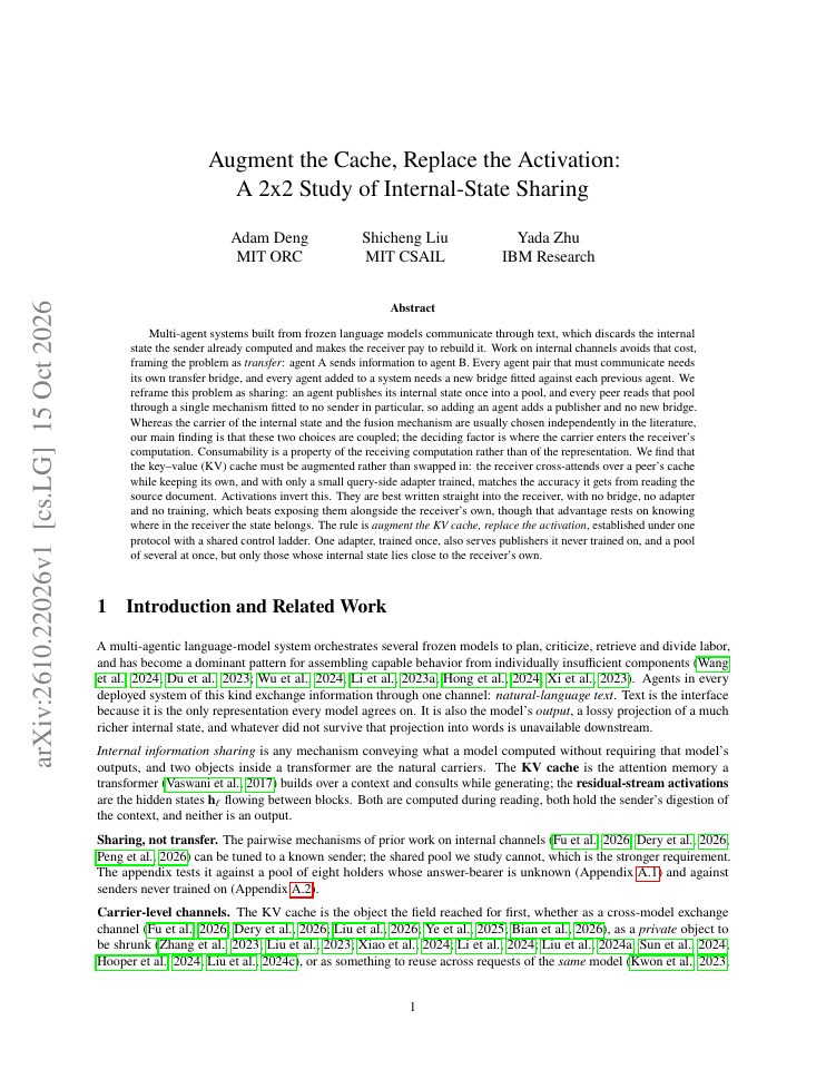 First page of Augment the Cache, Replace the Activation: A 2x2 Study of Internal-State Sharing