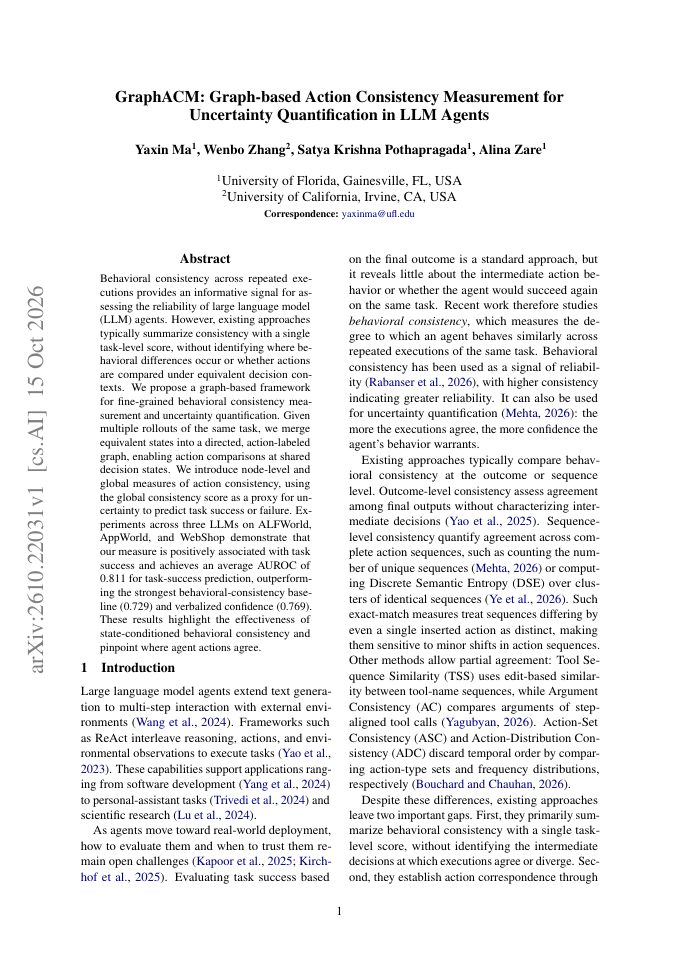 First page of GraphACM: Graph-based Action Consistency Measurement for Uncertainty Quantification in LLM Agents