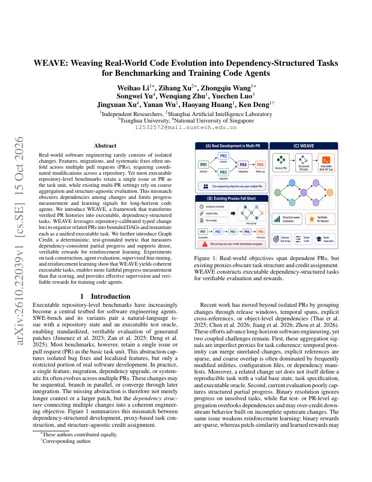 First page of WEAVE: Weaving Real-World Code Evolution into Dependency-Structured Tasks for Benchmarking and Training Code Agents