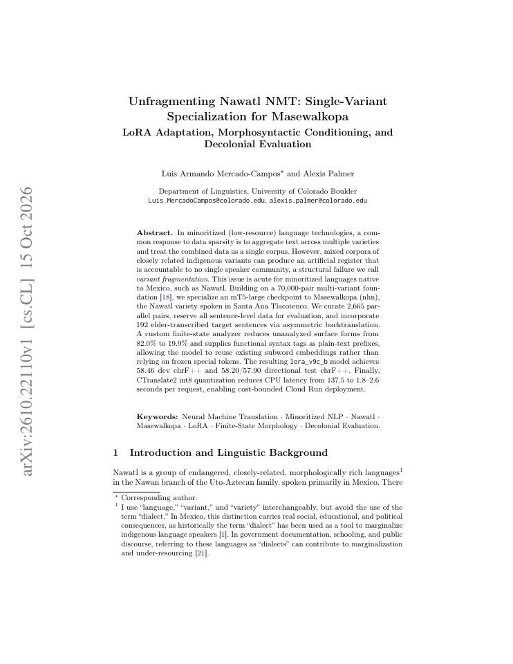 First page of Unfragmenting Nawatl NMT: Single-Variant Specialization for Masewalkopa