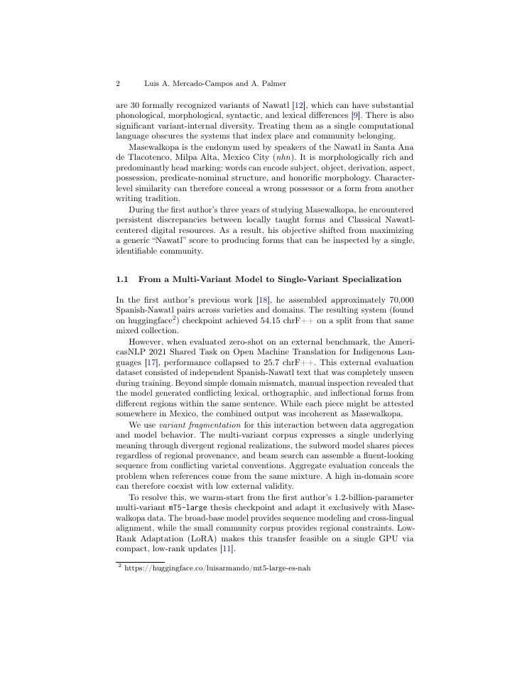 Page 2 of Unfragmenting Nawatl NMT: Single-Variant Specialization for Masewalkopa
