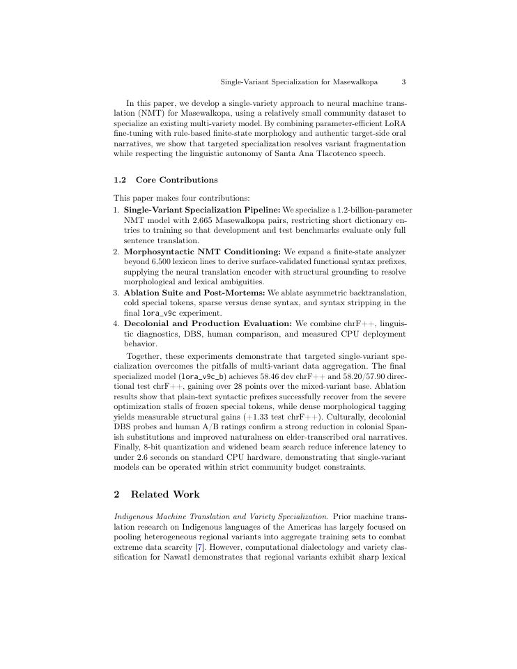 Page 3 of Unfragmenting Nawatl NMT: Single-Variant Specialization for Masewalkopa