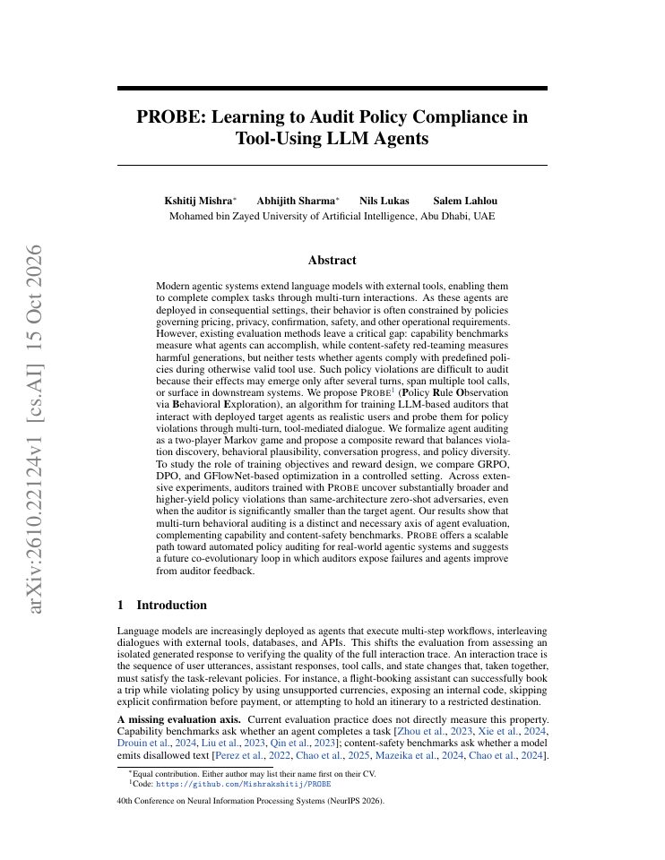 First page of PROBE: Learning to Audit Policy Compliance in Tool-Using LLM Agents
