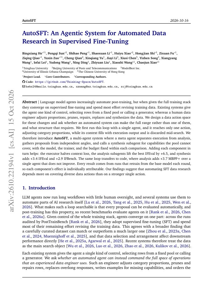 First page of AutoSFT: An Agentic System for Automated Data Research in Supervised Fine-Tuning