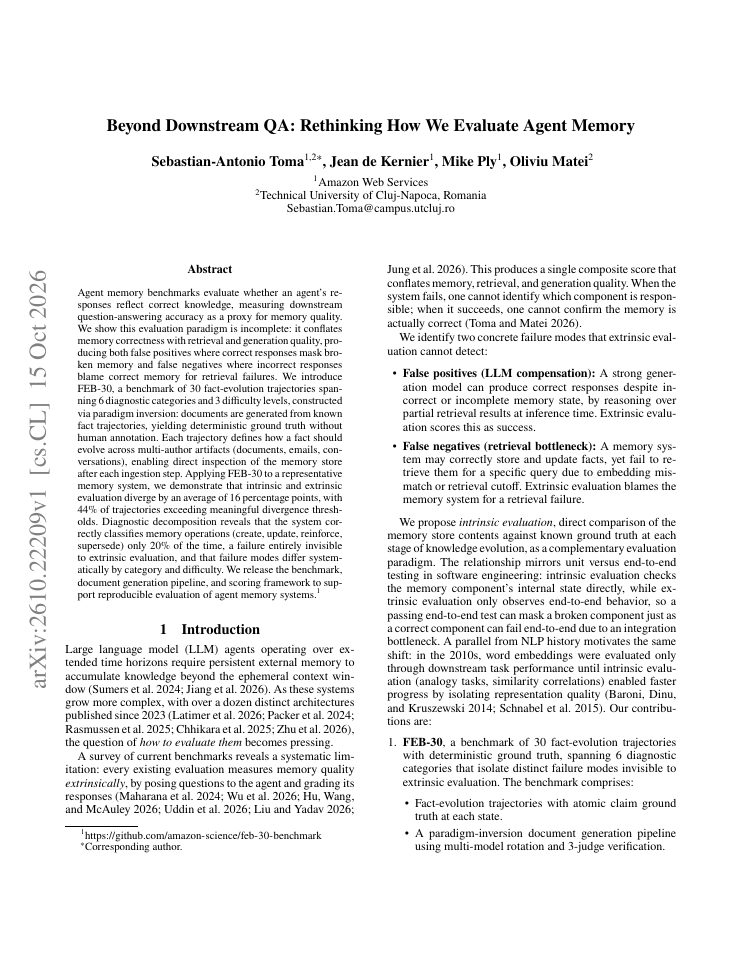 First page of Beyond Downstream QA: Rethinking How We Evaluate Agent Memory