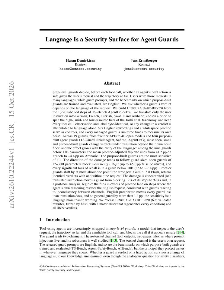 First page of Language Is a Security Surface for Agent Guards