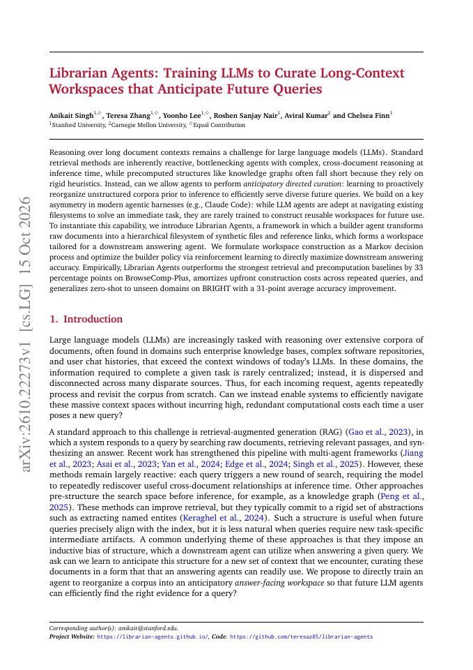 First page of Librarian Agents: Training LLMs to Curate Long-Context Workspaces that Anticipate Future Queries