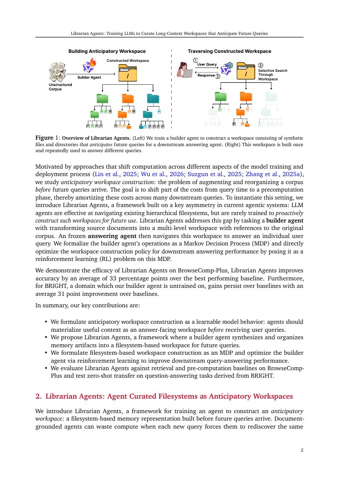 Page 2 of Librarian Agents: Training LLMs to Curate Long-Context Workspaces that Anticipate Future Queries