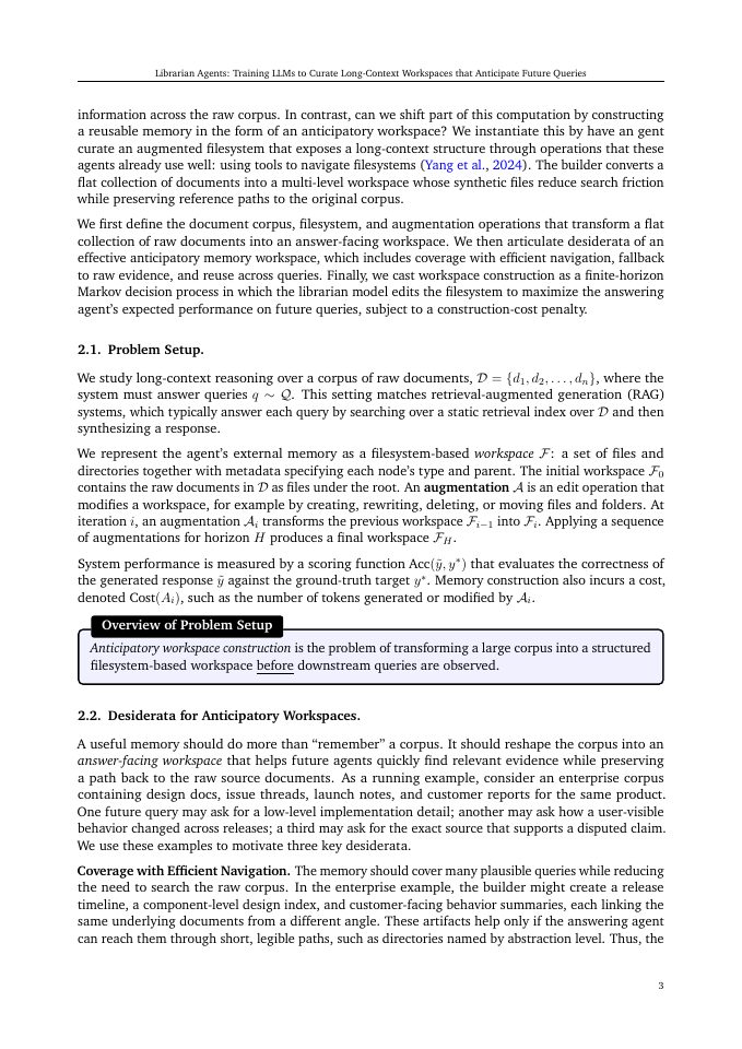 Page 3 of Librarian Agents: Training LLMs to Curate Long-Context Workspaces that Anticipate Future Queries