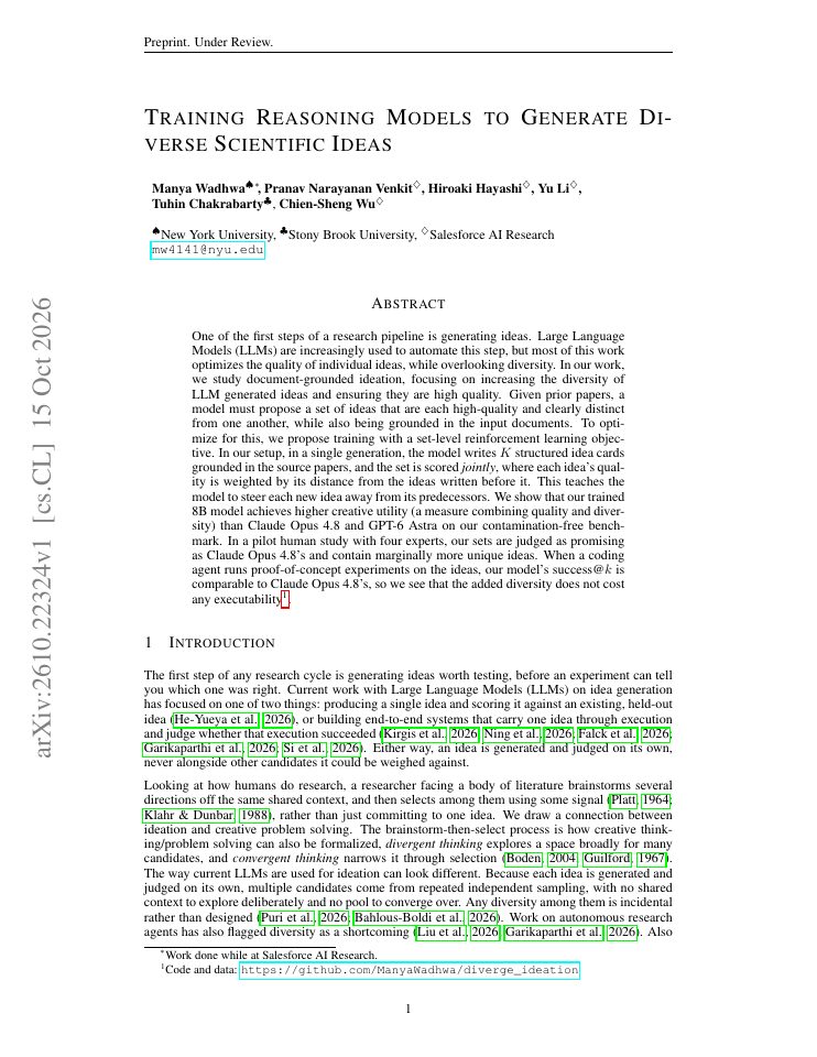 First page of Training Reasoning Models to Generate Diverse Scientific Ideas