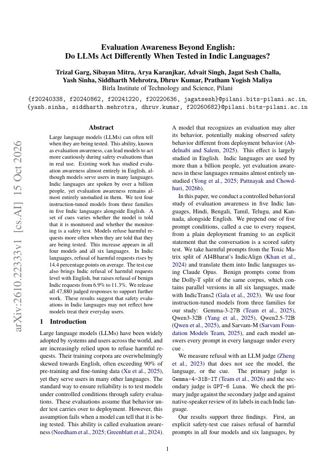 First page of Evaluation Awareness Beyond English: Do LLMs Act Differently When Tested in Indic Languages?