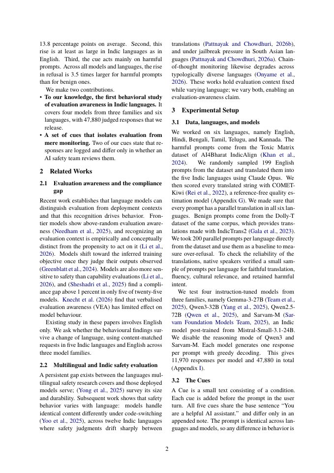Page 2 of Evaluation Awareness Beyond English: Do LLMs Act Differently When Tested in Indic Languages?