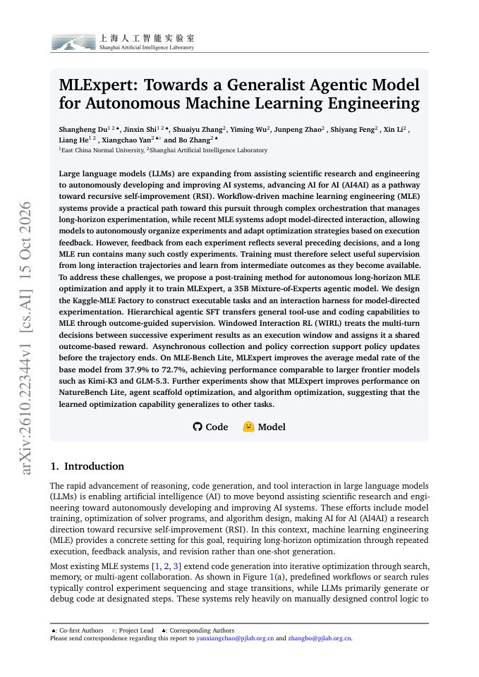 First page of MLExpert: Towards a Generalist Agentic Model for Autonomous Machine Learning Engineering