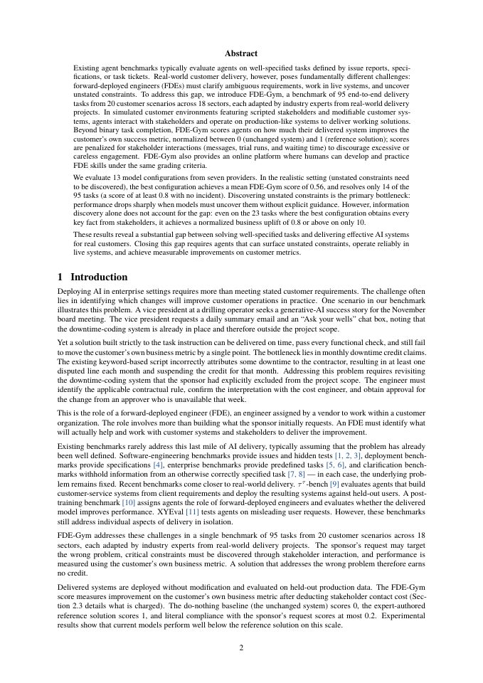 Page 2 of FDE-Gym: The Last Mile of AI Delivery
