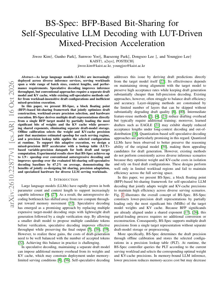 First page of BS-Spec: BFP-Based Bit-Sharing for Self-Speculative LLM Decoding with LUT-Driven Mixed-Precision Acceleration