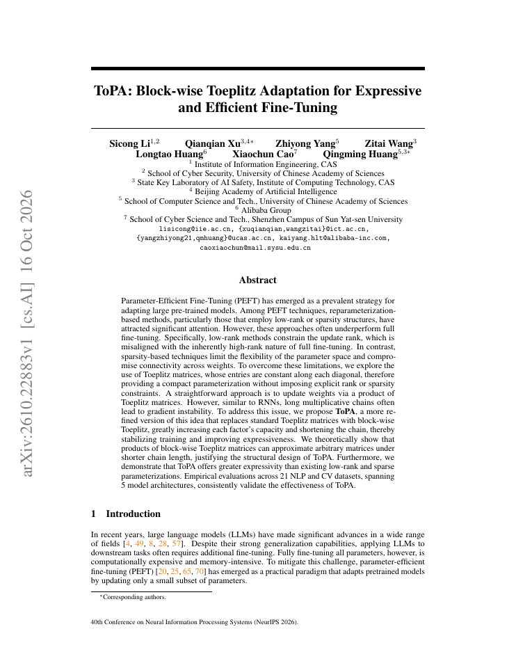 First page of ToPA: Block-wise Toeplitz Adaptation for Expressive and Efficient Fine-Tuning