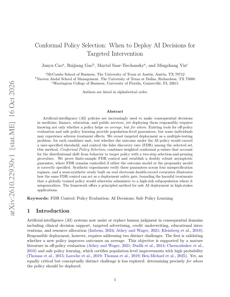 First page of Conformal Policy Selection: When to Deploy AI Decisions for Targeted Intervention