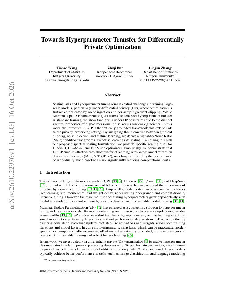 First page of Towards Hyperparameter Transfer for Differentially Private Optimization