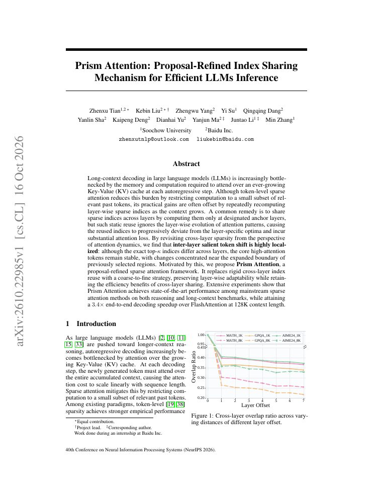 First page of Prism Attention: Proposal-Refined Index Sharing Mechanism for Efficient LLMs Inference