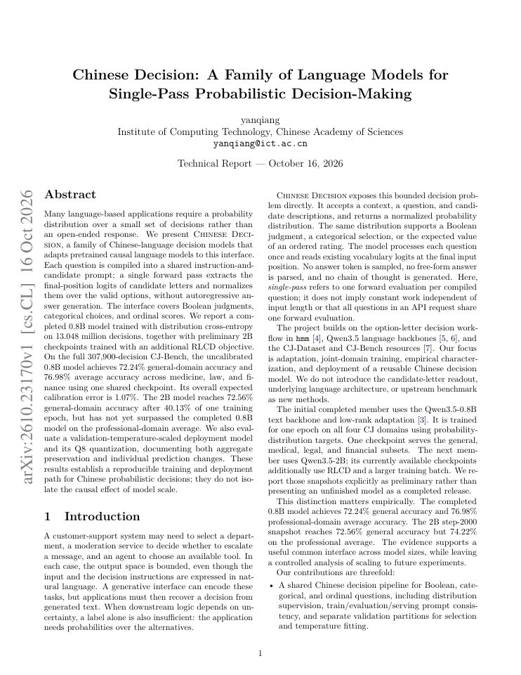 First page of Chinese Decision: A Family of Language Models for Single-Pass Probabilistic Decision-Making