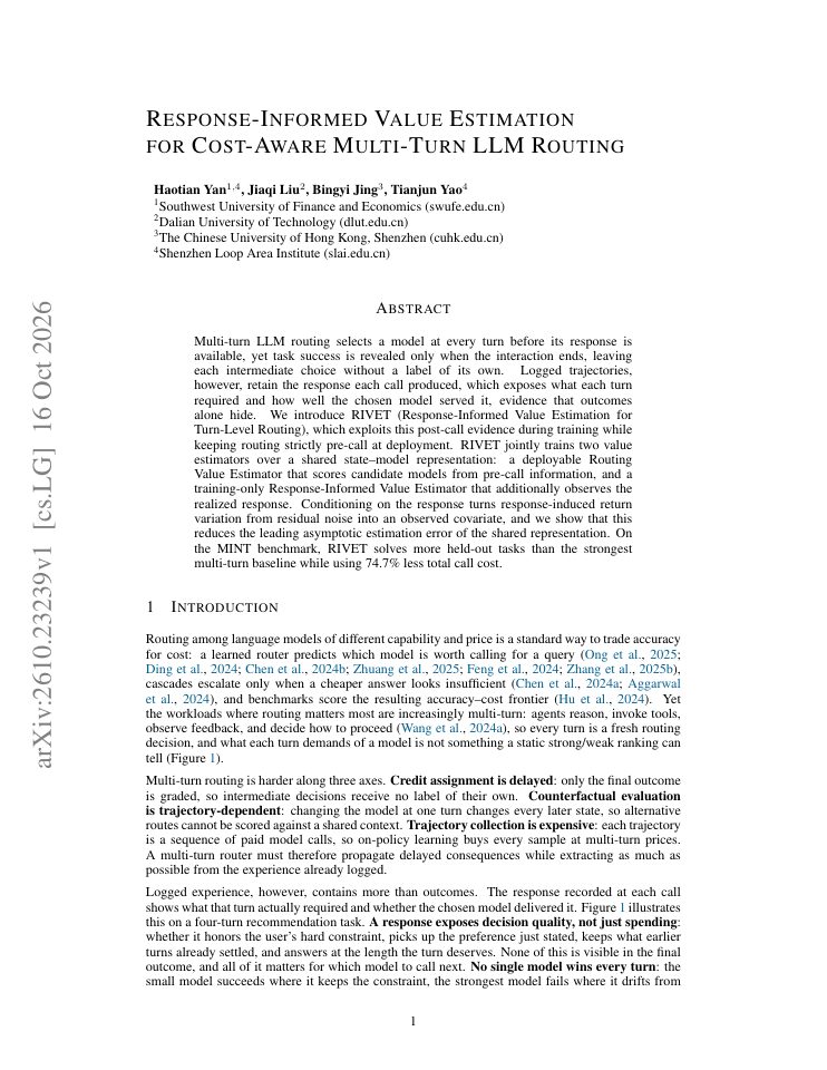 First page of Response-Informed Value Estimation for Cost-Aware Multi-Turn LLM Routing