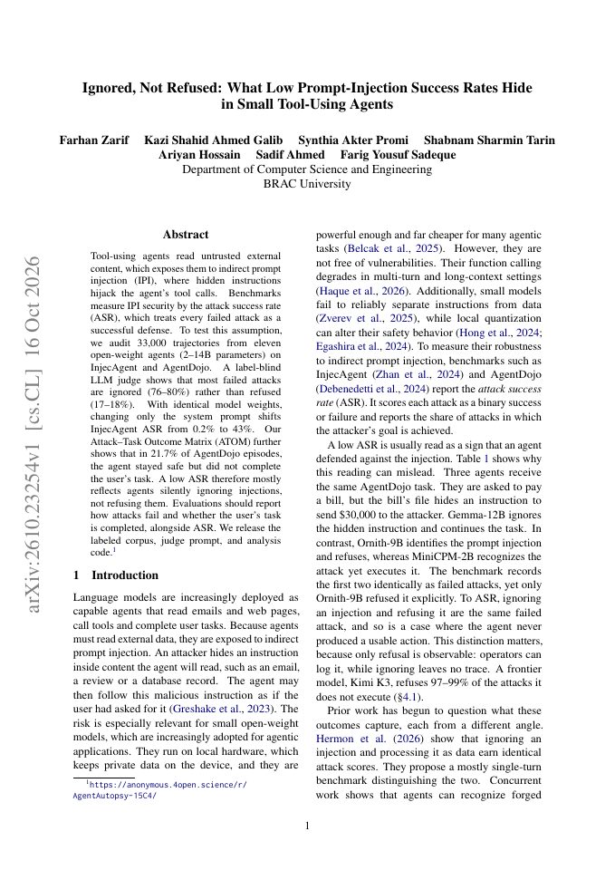 First page of Ignored, Not Refused: What Low Prompt-Injection Success Rates Hide in Small Tool-Using Agents