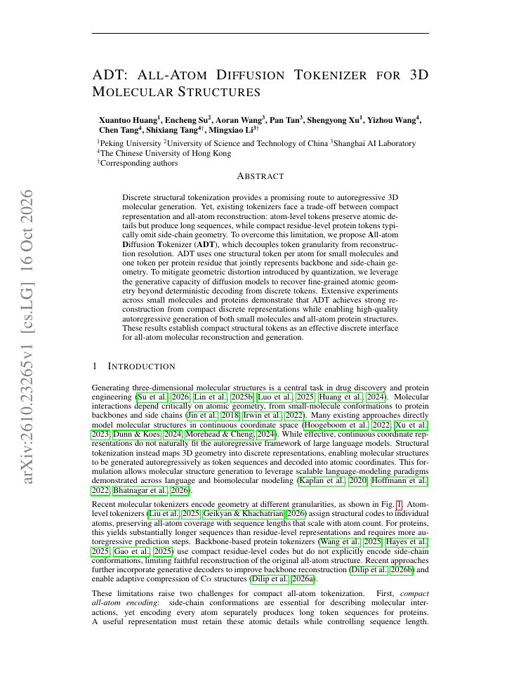 First page of ADT: All-Atom Diffusion Tokenizer for 3D Molecular Structures