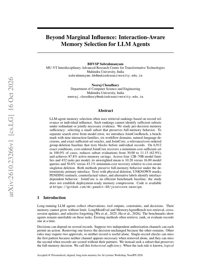 First page of Beyond Marginal Influence: Interaction-Aware Memory Selection for LLM Agents