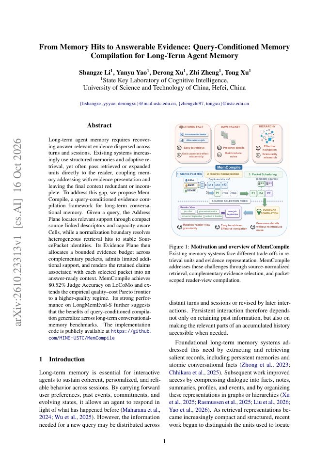 First page of From Memory Hits to Answerable Evidence: Query-Conditioned Memory Compilation for Long-Term Agent Memory