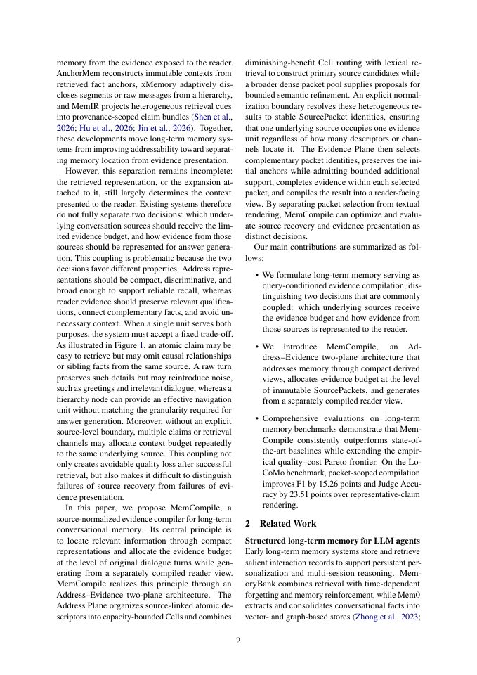 Page 2 of From Memory Hits to Answerable Evidence: Query-Conditioned Memory Compilation for Long-Term Agent Memory