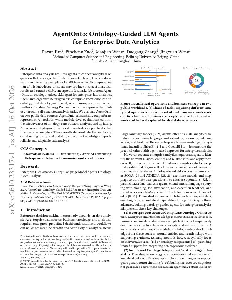 First page of AgentOnto: Ontology-Guided LLM Agents for Enterprise Data Analytics