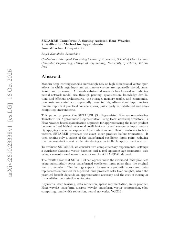 First page of SETAREH Transform: A Sorting-Assisted Haar-Wavelet Sparsification Method for Approximate Inner-Product Computation