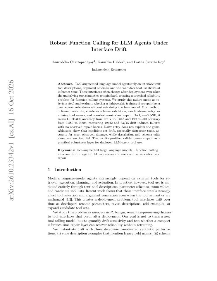 First page of Robust Function Calling for LLM Agents Under Interface Drift