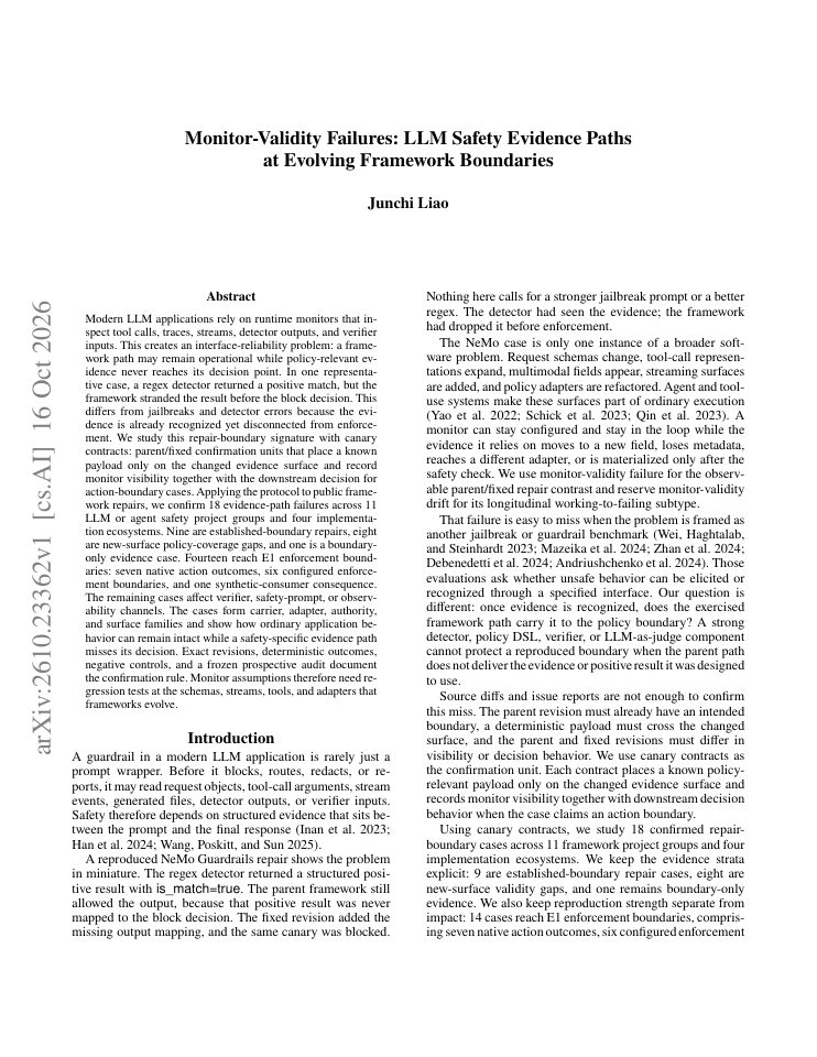First page of Monitor-Validity Failures: LLM Safety Evidence Paths at Evolving Framework Boundaries